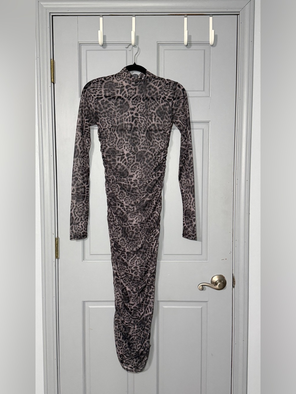 Long Sleeve Leopard Print Bodycon Dress - Gray